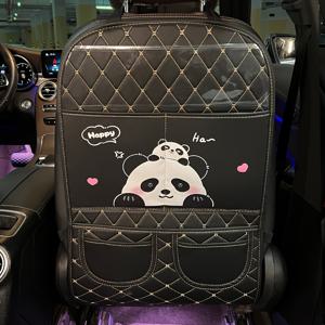 TEMU 1개 PU 가죽 자동차 시트 백 프로텍터 - 귀여운 동물 디자인, 여행 및 보관용, 재미있는 판다 & 곰 일러스트레이션 블랙, 차량 시트 보호 킥 매트 | 내구성 있는 시트 커버