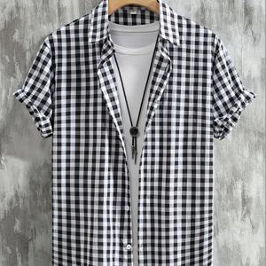 TEMU 남성용 스타일리시 캐주얼 반팔 체크 버튼업 셔츠 (봄/가을용), 중국 사이즈, 사이즈 가이드를 주의 깊게 확인해 주세요