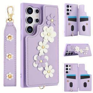 TEMU 갤럭시 S25 S24 S23 S22 울트라 S25 플러스 A13 A53 A54 A14 A34 A15 A35 A55 A16 S23 FE 케이스, 카드 홀더 지갑형, 귀여운 꽃무늬 크로스바디 폰 파우치 여성용, 자석 킥스탠드 충격방지 커버 손목 스트랩 랜야드 폰 케이스