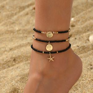 TEMU 여성용 발찌 3개 세트. 생명의 나무, , 조개 펜던트가 있는 여름 해변 테마 디자인입니다. 멋지고 산뜻한 이 발찌는 검은 쌀 비즈와 탄성 코드로 제작되었습니다.