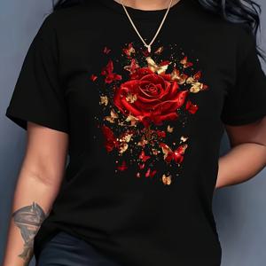 TEMU 여성용 캐주얼 스포츠 티셔츠, 플로럴 레드 로즈와 나비 프린트 티셔츠, 캐주얼 라운드넥, 반소매, 폴리에스터, 레귤러 길이, 사계절용 티셔츠