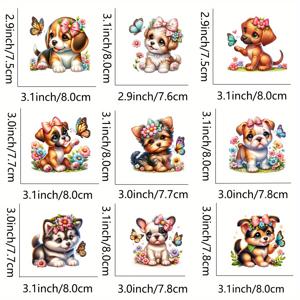 TEMU 세련된 티셔츠 및 청바지에 적합한 스타일리시한 비닐 핫 스티커용 강아지 꽃 열전사 패치 9개 세트