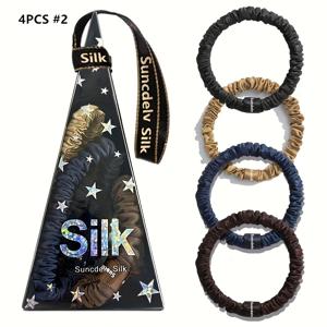 TEMU 4개입 100% 순면 뽕나무 실크 헤어 스크런치 실크 헤어 타이 헤어밴드 포니테일 홀더 단색 헤어 액세서리 리본 선물박스 22모메