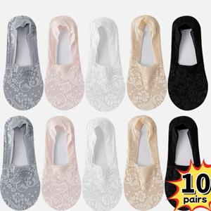 TEMU 10쌍 여성용 봄 여름 자카드 레이스 미끄럼 방지 보트 양말 - 얇은 플로럴 무늬 노쇼 양말, 캐주얼 & 포멀 웨어 다색상, 레이스 양말, 우아한 디자인, 가벼운 소재, 캐주얼 스타일