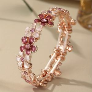 TEMU 여성용 패션 엘레강스 핑크 플라워 신축성 뱅글 팔찌 1개, 봄 여름 신상 트렌디한 로즈 골든 뱅글, 데일리 파티 프롬 휴가 연휴 선물