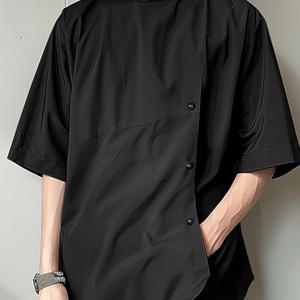 TEMU Sizi Bean Selected 남성용 이지 티셔츠 솔리드 스탠드 칼라 프론트 랩핑 사이드 버튼 데일리 아웃도어 올매치 경량 반팔 셔츠