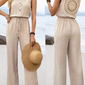 TEMU 캐주얼 카키색 뒷면 자수 패치워크 멀티 버튼 오픈 플래킷 탄성 허리 여성용 민소매 점프수트