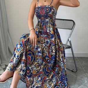 TEMU 페이즐리 프린트 스파게티 멜빵 드레스, 여성용 롱 휴가 캐주얼 비치웨어