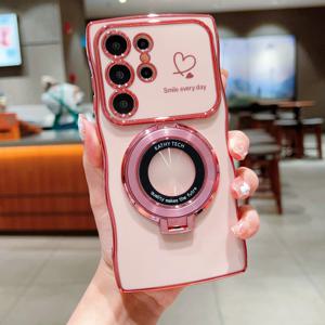 TEMU 휴대폰 케이스 - 삼성용 [전기 도금 더블 하트 웨이브 대형 윈도우 + CD 패턴 돋보기 스탠드] 삼성에 적합한 휴대폰 케이스, 삼성 풀 보호, 창의적인 니치 휴대폰 케이스 (삼성 갤럭시 S22, S22 플러스, S22 울트라, S23)