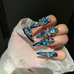 TEMU 10개 핸드메이드 착용 아머 할로윈 블루 캣아이 반짝이 러브 글리터 헤비 인더스트리 네일아트 봄 여름 화이트 손톱