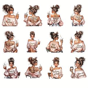 TEMU 패션 보스 여성 여자 자신을 사랑하세요 동기 부여 문구 DIY UV DTF 전사 스티커 12개, 텀블러 유리병 커피 머그컵 랩 장식, 병 꽃병, 노트북 휴대폰 케이스 인사말 카드 데칼 스티커, 일러스트, 병, 노트, 잡지 저널링, 공예, 선물 상자 포장 장식, 핸드메이드 용품, 휴일 파티 장식, 고품질