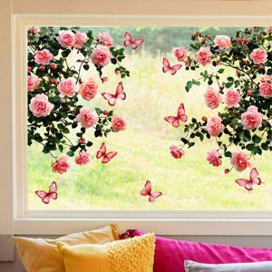 TEMU 2팩 핑크 로맨틱 장미 & 나비 창문 벽 스티커 - 정전기 접착식 홈 데코, 16밀 두께 내구성 플라스틱, 거실 침실용 클래식 꽃무늬 디자인, 쉽게 붙이고 제거 가능, 프라이버시 윈도우 필름 | 자연 영감의 장식 | 쉬운 청소 필름