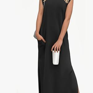 TEMU 여성용 여름 라운드넥 캐주얼 루즈핏 슬릿 맥시 드레스, 포켓이 있는 비치 드레스, 사이즈 S-2XL