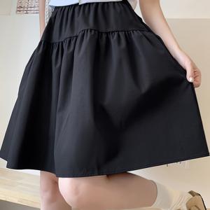 TEMU 솔리드 컬러 탄성 허리 베이스 스커트 여성 봄/여름 하이웨스트 포켓 푹신한 스커트 다용도 힙 커버 A라인 미디 스커트 플리츠 데일리 출퇴근 캐주얼
