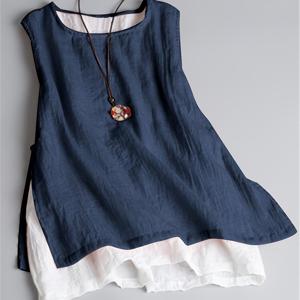 TEMU Directional YT: 라운드넥 페이크 투피스 컬러 블록 민소매 탱크 탑