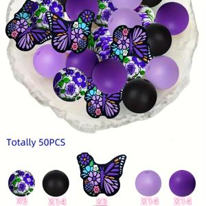 TEMU 50개 보라색 나비 테마 실리콘 비즈, 공예에 이상적 - 보라색 꽃과 나비 디자인 특징, 주얼리, 키체인, 화환 및 홈 데코에 완벽, 훌륭한 선물, 비즈 모음