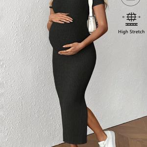 TEMU 임산부용 여름 반팔 드레스 - 솔리드 컬러 러플 밑단 & 벨리밴드 핏 임신복, 산부인과 방문, 병원, 캐주얼 착용에 적합 - 세탁기 사용 가능 솔리드 컬러 드레스