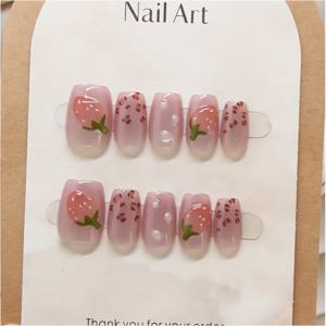 TEMU 10개입 짧은 트라페조이드 프레스온 네일 세트, 핑크 프린트 & 3D 딸기 디자인, 재사용 가능 & 분리형 – 여성 데일리 또는 오피스 웨어에 완벽한 발렌타인데이 선물, 베프를 위한 특별한 선물