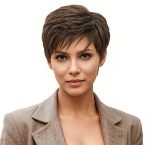 TEMU 6인치 브라운 여성용 스타일리시 피시 컷 앞머리 가발 | 볼륨감 있는 로즈 네트 합성 섬유로 제작되었으며, 섬세한 외관을 갖추고 있어 일상적인 캐주얼 복장, 결혼식, 파티 및 특별한 날에 적합합니다 | 데일리 가발 사용에 이상적입니다