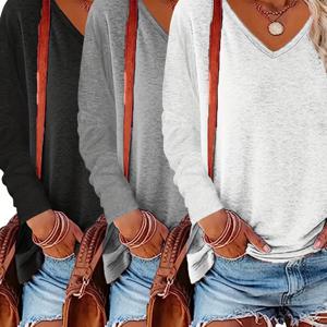 TEMU 단색 브이넥 긴팔 캐주얼 루즈핏 상의 3개 세트, 봄/가을 베이스 레이어 긴팔 티셔츠, 여성 의류, 기계 세탁 가능 - 봄/가을 데일리웨어 및 집에서 편안하게 입기에 적합