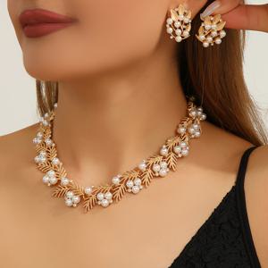 TEMU 모네 소나무 잎 모조 진주 빈티지 Trifari 미드센추리 빈티지 목걸이와 귀걸이, 우아한 궁정 스타일 상감 스터드 귀걸이와 목걸이, 고급스럽고 품격 있는 주얼리