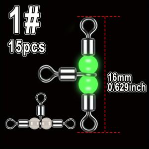 TEMU 15개입 헤비듀티 롤링 T 스위블 글로우 비즈 - 3방향 낚시용 스위블 (내수/외수 겸용), 자유 회전, 저가시성 글로우 비즈 (낚싯대, 낚싯줄, 루어 호환) (15개입)