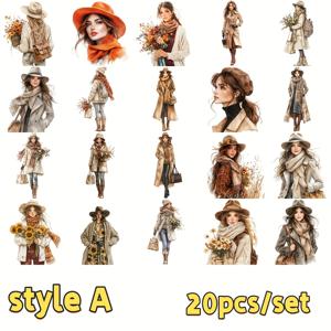 TEMU 2D 평면 가을 여성 시리즈 스크랩북 스티커 20pcs 세트, 2D 평면