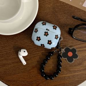 TEMU 한국 스타일 블루 배경에 작은 검은색 꽃 + 액세서리 이어폰 케이스, Apple Airpods Pro 2 케이스 / Airpods Pro 케이스 / Airpods 4 케이스 / Airpods 3 케이스 / Airpods 2 케이스에 적합 / 패셔너블 여성용 이어폰 케이스 / 미니