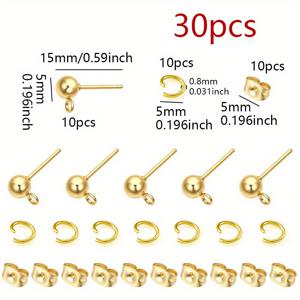 TEMU 스테인리스 스틸 볼 스터드 귀걸이 30개 (볼 10개 + 점핑링 10개 + 귀걸이 고정핀 10개), 열 수 있는 점핑링이 있는 스테인리스 스틸 라운드 헤드 귀걸이 베이스, DIY 핸드메이드 귀걸이 주얼리 제작 액세서리, 미술, 공예 및 재봉용품 > DIY 구슬 및 주얼리 용품 > 주얼리 제작 부품 > 귀걸이 베이스