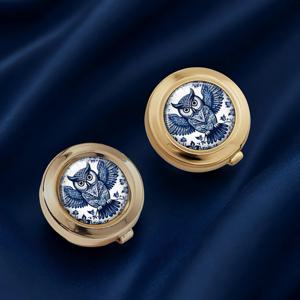 TEMU 레트로 부엉이 청화백자 패턴 원형 유리 돔 골든 패션 장식 단추 수제 셔츠 장식용 단추 선물 2개