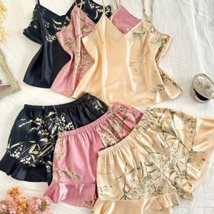 TEMU 패션 체리 프린트 캐미솔 반바지 파자마 세트, 6피스, 청소년 스타일, 십대용