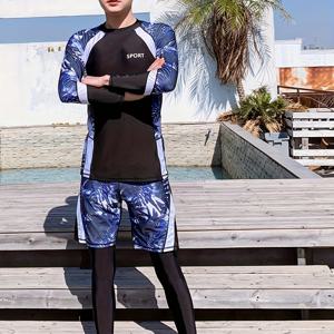 TEMU 트렌디한 프린팅 긴팔과 팬츠가 포함된 남성용 경쟁력 있는 스포츠 수영복 3피스 서핑 세트