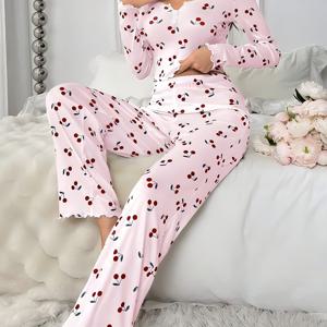 TEMU 여성용 긴팔 롱팬츠 파자마 세트, 골지 레이스 및 체리 프린트, 가을 및 봄에 적합