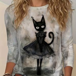 TEMU 여성용 고딕 로리타 스타일 블랙캣 프린트 긴팔 티셔츠 - 일본 애니메이션에서 영감을 받은 아트, 루즈핏 라운드넥 블라우스와 워터컬러 물방울 디자인, 세탁기 사용 가능한 봄/가을 캐주얼 상의