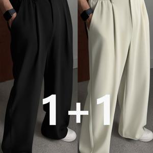 TEMU 여름/봄 남성용 캐주얼 레그 와이드 레그 정장 바지 2벌 세트, 페이크 백 포켓 디자인