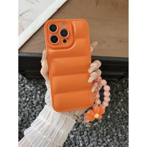 TEMU 오렌지색 귀여운 다운 자켓 스타일 휴대폰 케이스, 사랑스러운 꽃무늬 팔찌와 함께, 매력적이고 귀엽습니다. 애플 아이폰 11, 12, 13, 14, 15, 16, 17, 삼성 A51, A52, A53, A54, A55, A56, S20, S21, S23, S24, S25, A31, A32, A33, 레드미 및 기타 다양한 휴대폰 모델에 적합