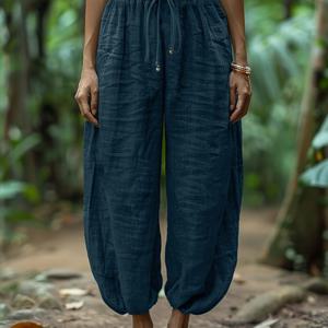 TEMU 루즈 라이넌 팬츠 | 편안하고 간편한 디자인, 페이크 드로스트링, 단색, 올 시즌 착용