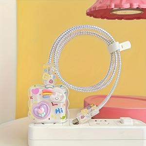 TEMU 입체 구름, 퍼플 하트, 튤립, 물결 패턴 케이스 5개 세트. 아이폰 18-20W 충전기용, 파손 방지 Apple 데이터 케이블 보호 커버