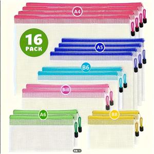 TEMU 16개 투명 메시 지퍼 수납 가방 세트 - 6가지 사이즈 (A4~B8) & 6가지 색상, 손잡이 포함, 학용품, 여행 필수품 & 가정 정리용, 내용물이 보이는 투명 파우치 가방, 내구성 PVC 소재, 사무실, 학교에 적합