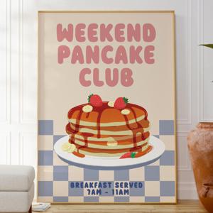 TEMU 2D 플랫, 2D 플랫, 1개 벽 장식, 주말 팬케이크 브런치가 특징인 레트로 포스터, 생생하고 장난기 넘치는 음식 캔버스 아트워크, 독특하고 상상력 넘치는 벽의 미적 장식, 침실 또는 거실의 분위기를 향상시키기에 이상적
