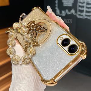 TEMU 갤럭시 S25용 S25 럭셔리 글리터 나비 브래킷 접이식 홀더 비즈 랜야드 손목 스트랩 체인 그라데이션 도금 폰 케이스 - 소프트 충격 방지 스탠드 백 커버