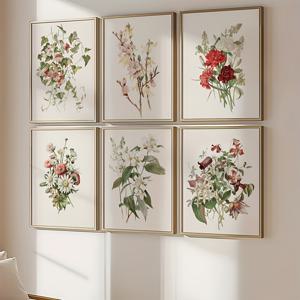 TEMU 2D 플랫, 2D 플랫, 식물과 꽃이 특징인 프레임리스 레트로 벽걸이 그림 6종 세트. 갤러리 스타일 전시회에 완벽합니다. 이 캔버스 포스터는 방과 욕실을 장식하기에 좋으며, 집을 위한 이상적인 창의적인 선물입니다.