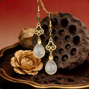 TEMU 새로운 중국풍 소박하고 정교한 기파오 귀걸이, 평화의 매듭과 술 장식, 여성용 중국풍 차례복 드롭 귀걸이와 꼭 맞는 클립온 귀걸이