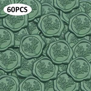 TEMU 꽃 가지가 특징인 그린 왁스 씰 스티커 60개입. 웨딩 초대장, 봉투 봉인, 생일, 선물 및 크리스마스에 완벽합니다.