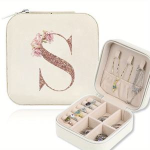TEMU 클래식 인조 가죽 지퍼형 보석 상자 - 방수 및 경량, 여행용 보관에 적합, 26개 알파벳 꽃무늬 디자인, 분리형 목걸이 진열대, 반지 및 귀걸이 수납 공간 포함 - 우아한 선물