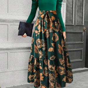 TEMU 여성용 우아한 플로럴 프린트 A라인 맥시 드레스, 하이웨스트 & 리본 디테일 - 긴소매, 라운드넥, 플로이 스커트, 봄/여름/가을에 완벽, 캐주얼부터 포멀 웨어까지, 캐주얼 포멀 드레스 | 플로럴 프린트 드레스 | 원단