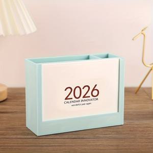 TEMU 2025 & 2026 생산성 캘린더 스탠드 다기능 데스크 정리함 (수납 상자, 귀여운 펜 홀더 & 메모 패드 포함), 홈 오피스 장식, 작업 공간 정리, 학습 플래너, 모던 정리함, 창의적인 디자인, 내구성 좋은 플라스틱, 실용적인 정리함