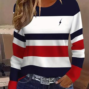 TEMU 2D 프린트 패션 우아한 캐주얼 바캉스 추상화 그림 컬러 블록 패치워크 번개 그래픽 전체 프린트 통기성 라운드넥 긴팔 티셔츠 캐주얼 스타일리시 긴팔 셔츠 가을 겨울 신상 여성용 긴팔 베이스 셔츠