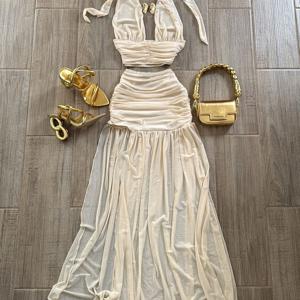 TEMU 세련된 홀터넥 탑과 사이드 슬릿 롱 스커트가 특징인 투피스 세트