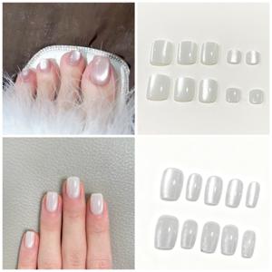 TEMU Wm-54개 화이트 문라이트 고양이 눈 핸드/푸트 세트, 우아하고 부드러운 스타일 네일